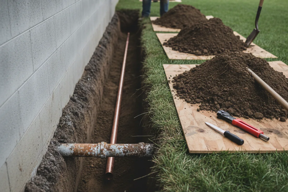 Excavated water line trench during Water Heater Repair in Tonganoxie